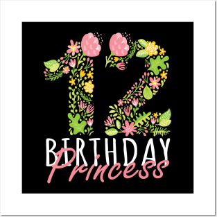 12th Birthday Princess 12 Years Old Girl Floral B-day Theme product Posters and Art